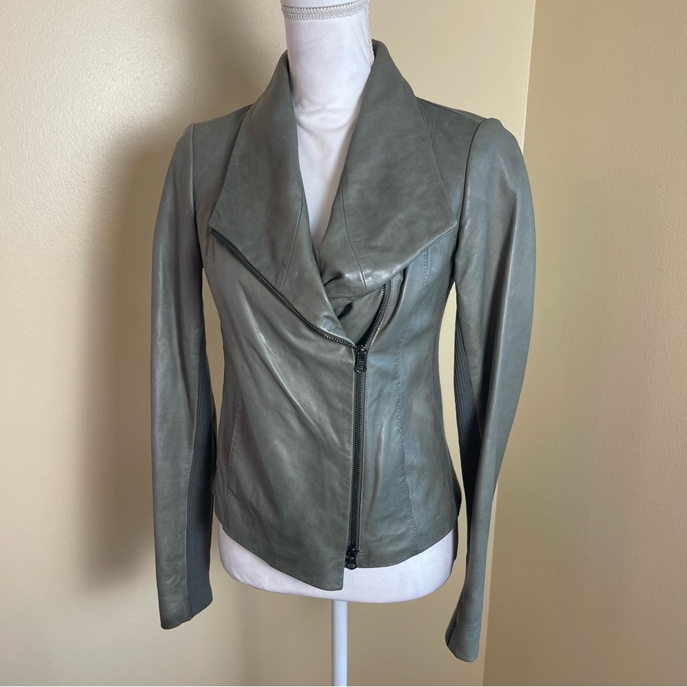 Vince Women’s Genuine Leather Jacket S Funnel Neck Olive Green Minimalist Chic - Picture 9 of 15